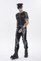 Black Round Collar Long Sleeves Spliced Slim Mesh Studded Eyelet Men's Punk T-Shirt - Product - 6