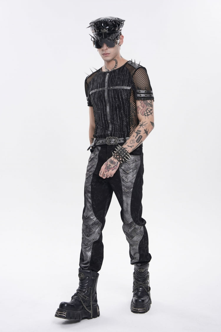 Black Round Collar Long Sleeves Spliced Slim Mesh Studded Eyelet Men's Punk T-Shirt - Product - 6