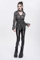 Black Long Sleeves Embroidery Lace-Up Irregular Sheer Women's Gothic Blouse - Product - 10