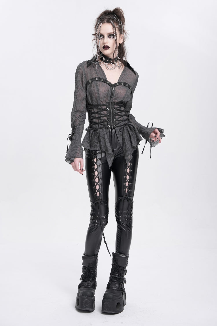Black Long Sleeves Embroidery Lace-Up Irregular Sheer Women's Gothic Blouse - Product - 10