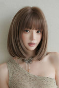 Brown/Beige Highlights Natural Fluffy Age-Reducing Clavicle Bob Sweet Lolita Wig front view