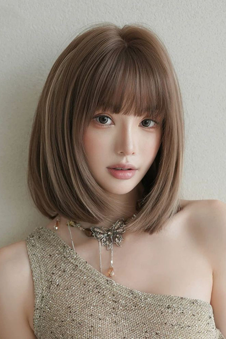 Brown/Beige Highlights Natural Fluffy Age-Reducing Clavicle Bob Sweet Lolita Wig front view