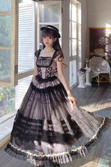 Grey/Pink [Mist-shrouded Vineyard] Sleeveless Ruffle Bowknot Lace-Up Sweet Lolita Jsk Skirt Dress Set - Product - 3