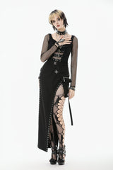Black Strap Buckled Women's Punk Eyelet High-Slit Midi Skirt with Detachable Pocket - Product - 8