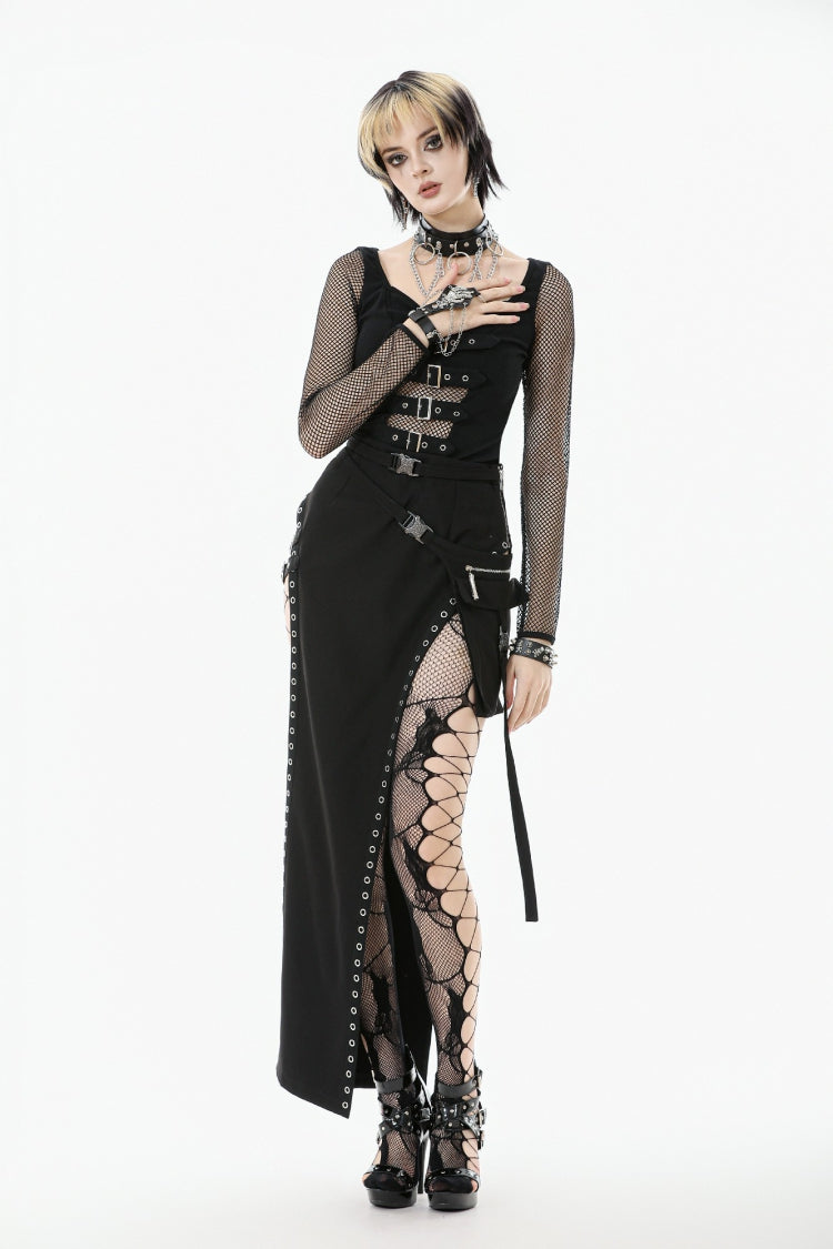 Black Strap Buckled Women's Punk Eyelet High-Slit Midi Skirt with Detachable Pocket - Product - 8
