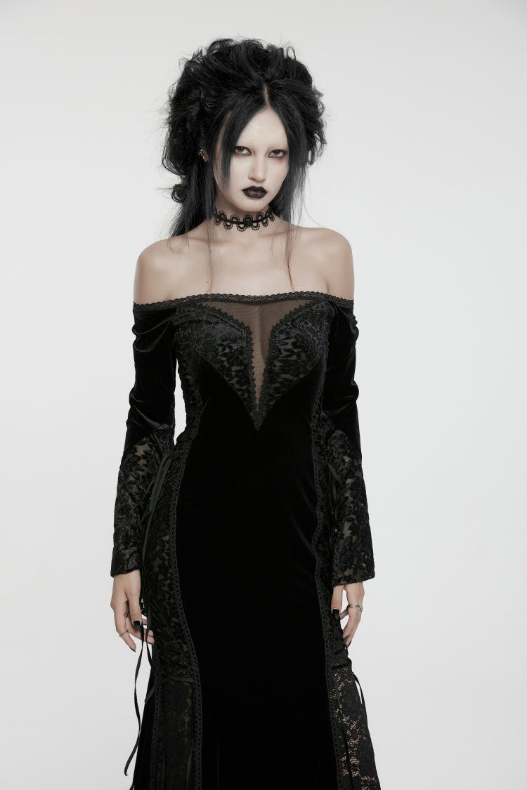 Black Off Shoulder Long Trumpet Sleeves Embroidered Spliced Lace Lace-Up Women's Gothic Gorgeous Palace Strapless Velvet Dress - Black - 1