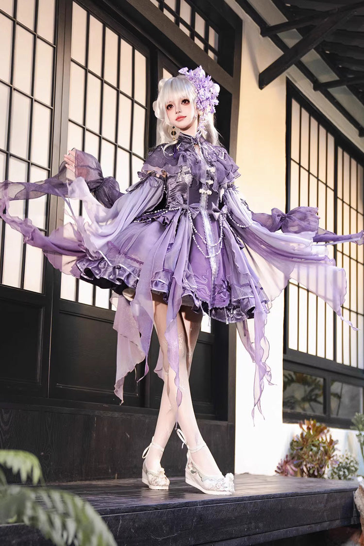 Purple Stand Collar Embroidered Pearl-Decorated Gothic Lolita Jsk Dress Set - Product - 9