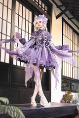 Purple Stand Collar Embroidered Pearl-Decorated Gothic Lolita Jsk Dress Set - Product - 9