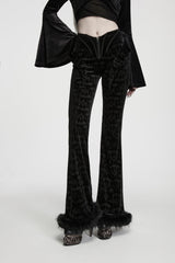 Black Jacquard Ruffled Slim Fit Women's Gothic Flare Pants - Black - 7