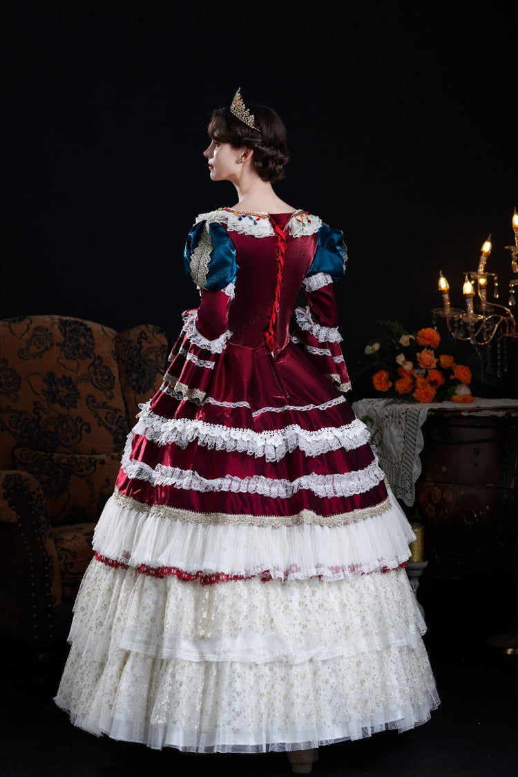 Wine/Ivory Round Collar Long Hime Sleeves Triple-Layered Ruffled Open-Front Bow Lace Classic Vintage Palace Lolita Victorian Dress - Product - 3