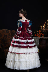 Wine/Ivory Round Collar Long Hime Sleeves Triple-Layered Ruffled Open-Front Bow Lace Classic Vintage Palace Lolita Victorian Dress - Product - 3