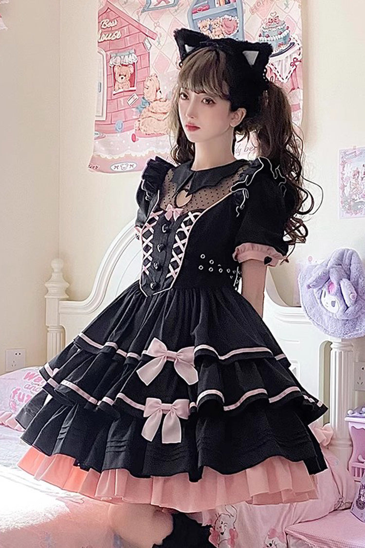Black/Pink Short Sleeves Multi-layer Ruffle Bowknot Sweet Lolita Dress - Product - 2