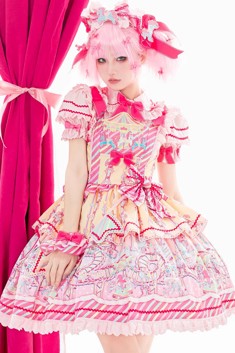 Yellow/Pink Candy Park Print Ruffle Bowknot Sweet Lolita Jsk Dress - Yellow/Pink - 1