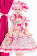 Yellow/Pink Candy Park Print Ruffle Bowknot Sweet (Dress Only) front view
