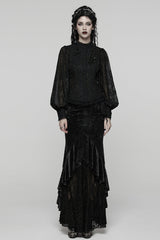 Black Stand Collar Long Puff Sleeves Floral Embroidered Women's Gothic Blouse - Product - 4