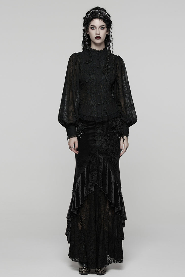 Black Stand Collar Long Puff Sleeves Floral Embroidered Women's Gothic Blouse - Product - 4