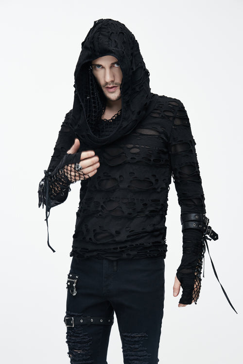 Black Ripped Finger Covered Autumn Hooded Mens Punk T-Shirt - Product - 2