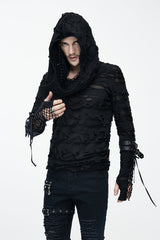 Black Ripped Finger Covered Autumn Hooded Mens Punk T-Shirt - Product - 2