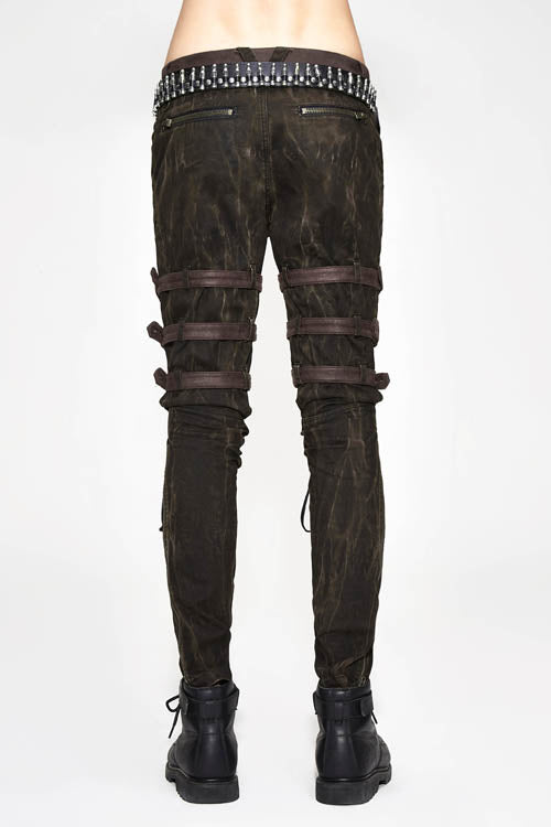 Brown Steampunk Multi Loops Embroider Lace Up Mens Pants - Product - 5