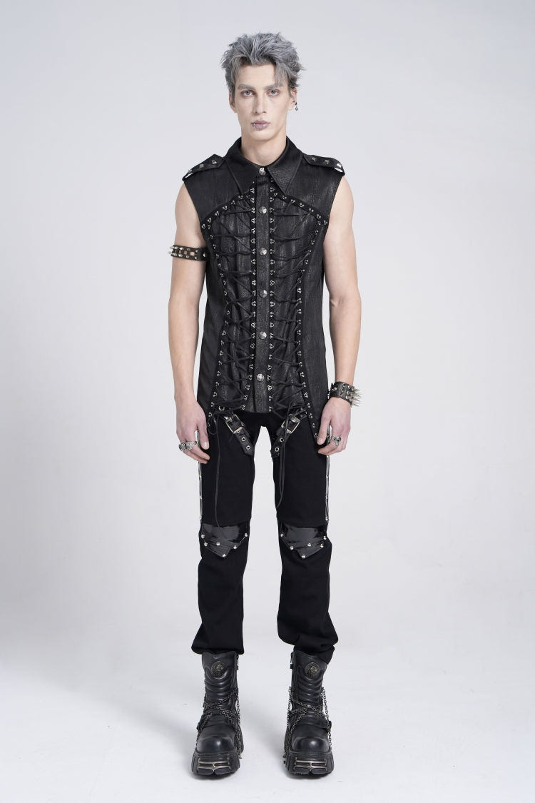 Black Sleeveless Studded Lace-Up Men's Gothic Blouse - Product - 6