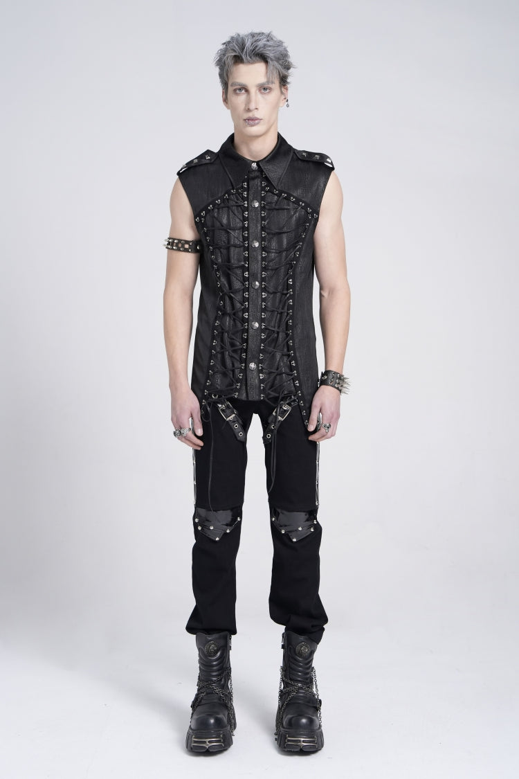 Black Sleeveless Studded Lace-Up Men's Gothic Blouse - Product - 6