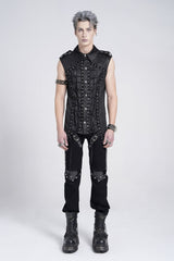 Black Sleeveless Studded Lace-Up Men's Gothic Blouse - Product - 6