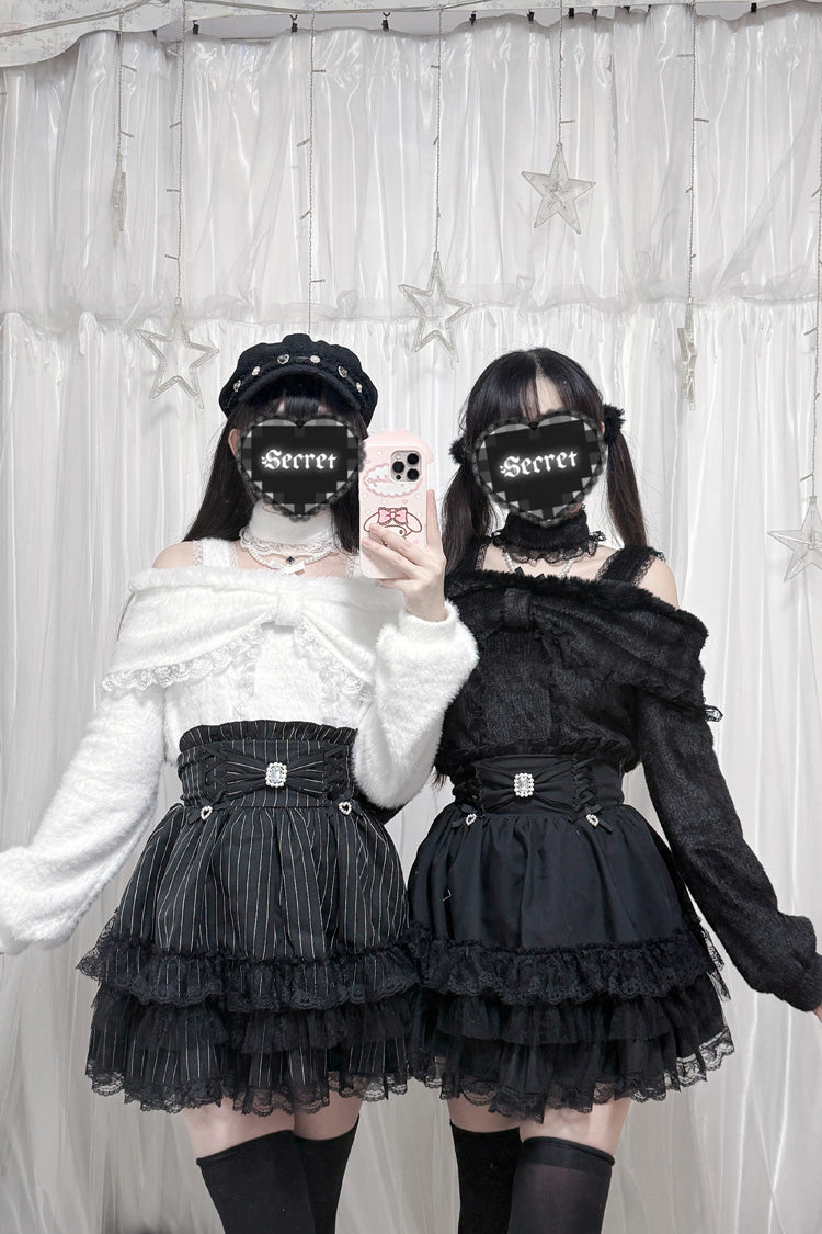 Jirai Kei Triple-Layered Printed Ruffled Bow Lace Sweet Japanese Skirt 3 Colors - Product - 9
