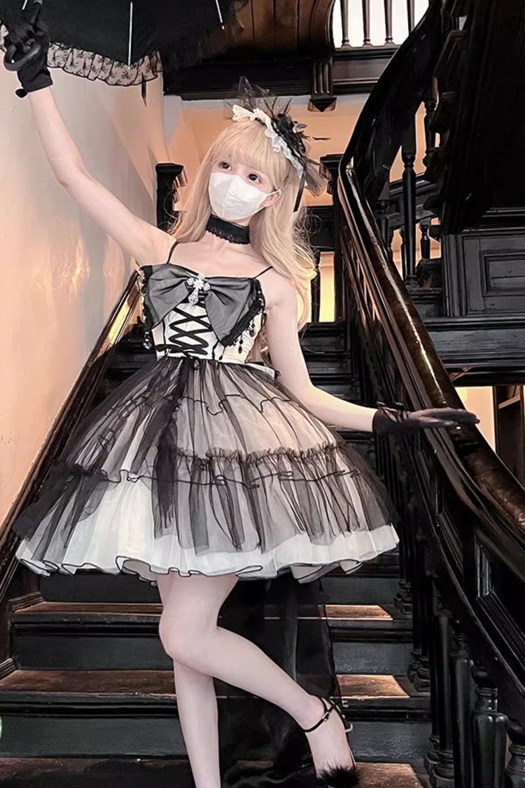 Black/White Ruffle Hanayome Lace Lace-Up Gothic Plus Size Lolita Jsk Dress (Short Version) - Product - 2