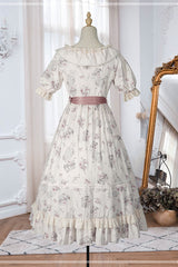 Beige Round Collar Short Sleeves Flower Print High Waist Sweet Lolita OP Dress - Product - 8