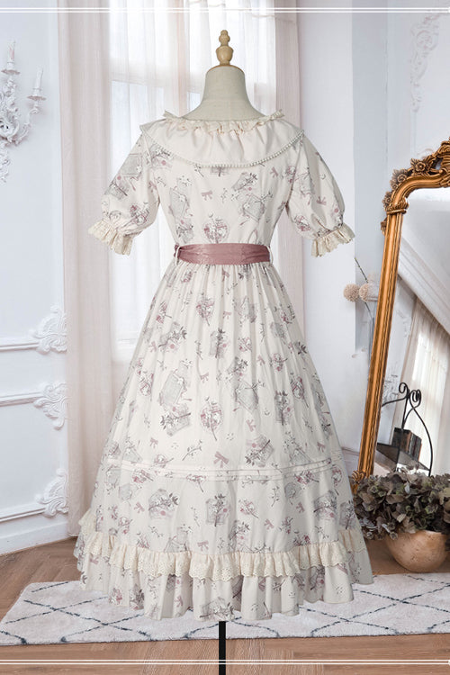 Beige Round Collar Short Sleeves Flower Print High Waist Sweet Lolita OP Dress - Product - 8