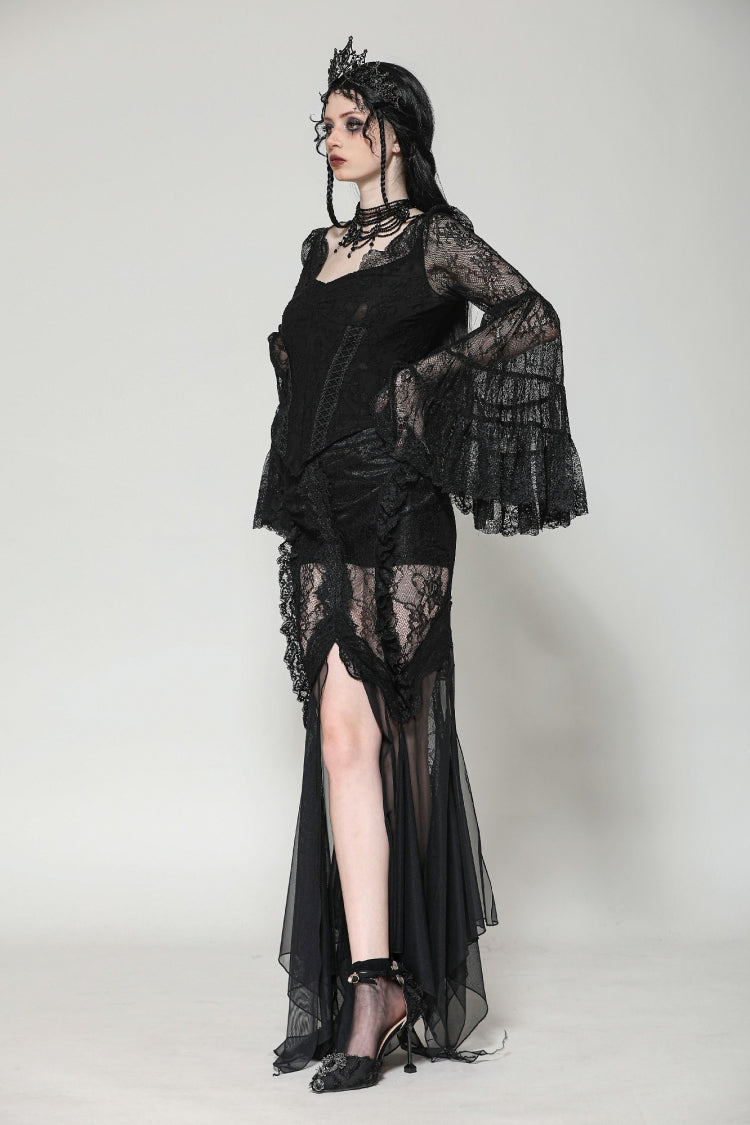 Black Women's Gothic V Collar Long Flared Sleeves Lace Patchwork Blouse - Product - 10