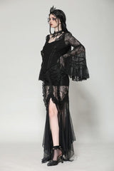 Black Women's Gothic V Collar Long Flared Sleeves Lace Patchwork Blouse - Product - 10