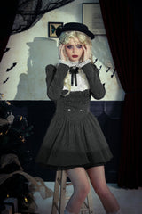 Black/White Striped Ruffled Lace Stand Collar Bow Long Sleeves Lace-Up Women's Gothic Lolita Graduation Dress - Product - 12