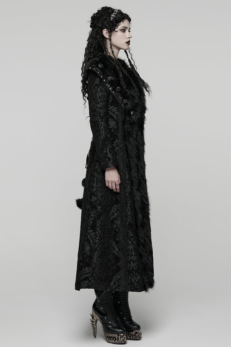 Black Lapel Collar Long Sleeves Floral Printed Plush Spliced Women's Gothic Coat - Product - 2