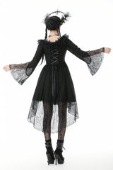 Black Lace Ruffled Boat Neck Long Trumpet Sleeves High-Low Hem Women's Gothic Dress - Product - 4