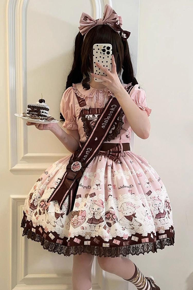 Chocolate Rosette Cat Print Bowknot Stitching Lace Sweet Lolita Jsk Dress 4 Colors - Pink - 2