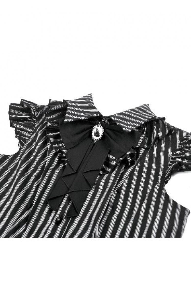 Black/White Vertical Striped Turn-down Collar Ruffled Women's Gothic Blouse with Detachable Tie - Product - 12