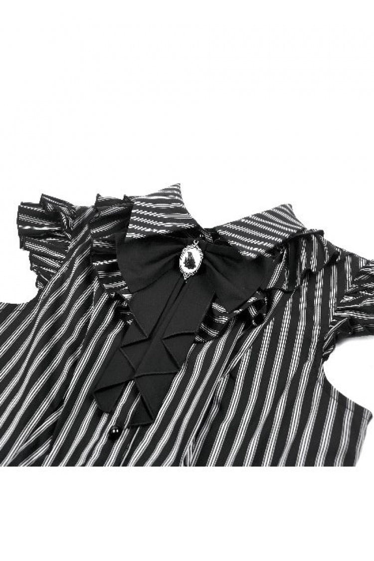 Black/White Vertical Striped Turn-down Collar Ruffled Women's Gothic Blouse with Detachable Tie - Product - 12