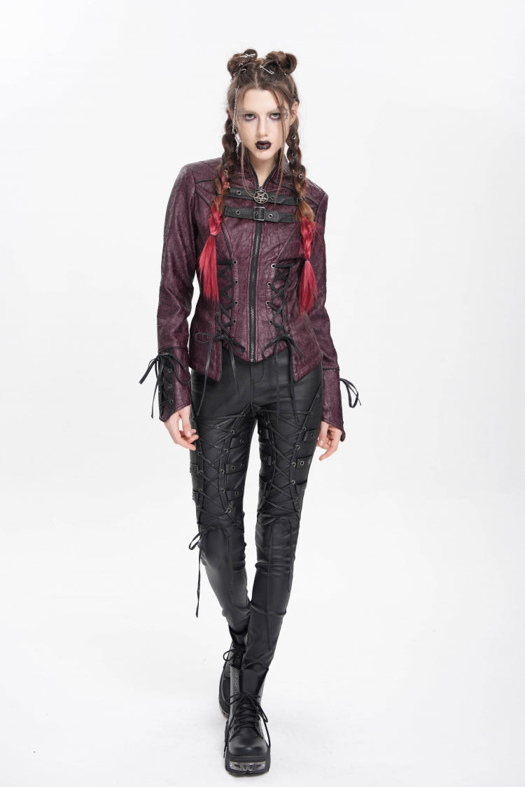 Red Pentacle Lace-Up Buckle Women's Punk Jacket - Product - 12