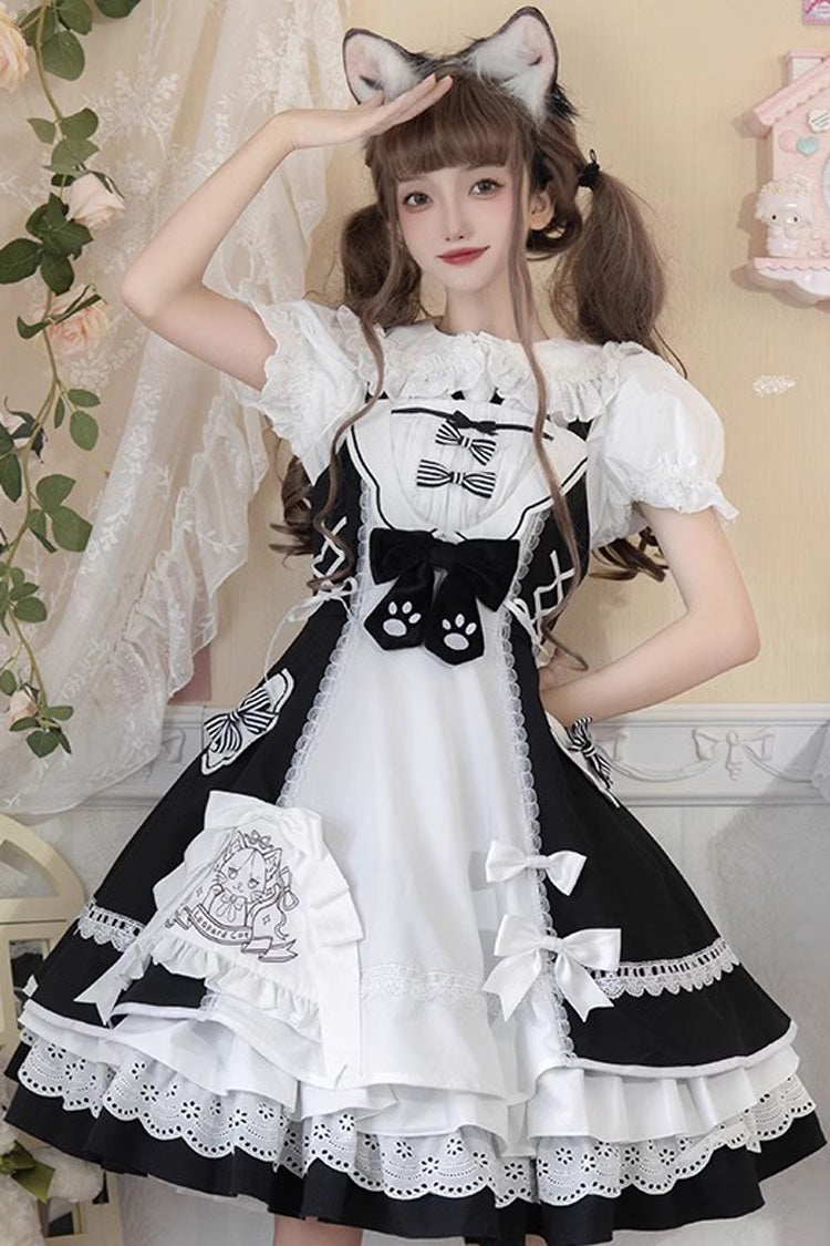 White/Black Cat Print Ruffle Bowknot Maid Sweet Lolita Dress - Product - 4