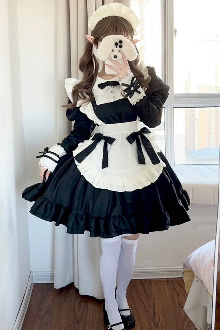 Black/White Maid Long Sleeves Ruffle Bowknot Sweet Plus Size Lolita Dress Full Set - Product - 6