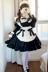 Black/White Maid Long Sleeves Ruffle Bowknot Sweet Plus Size Lolita Dress Full Set - Product - 6