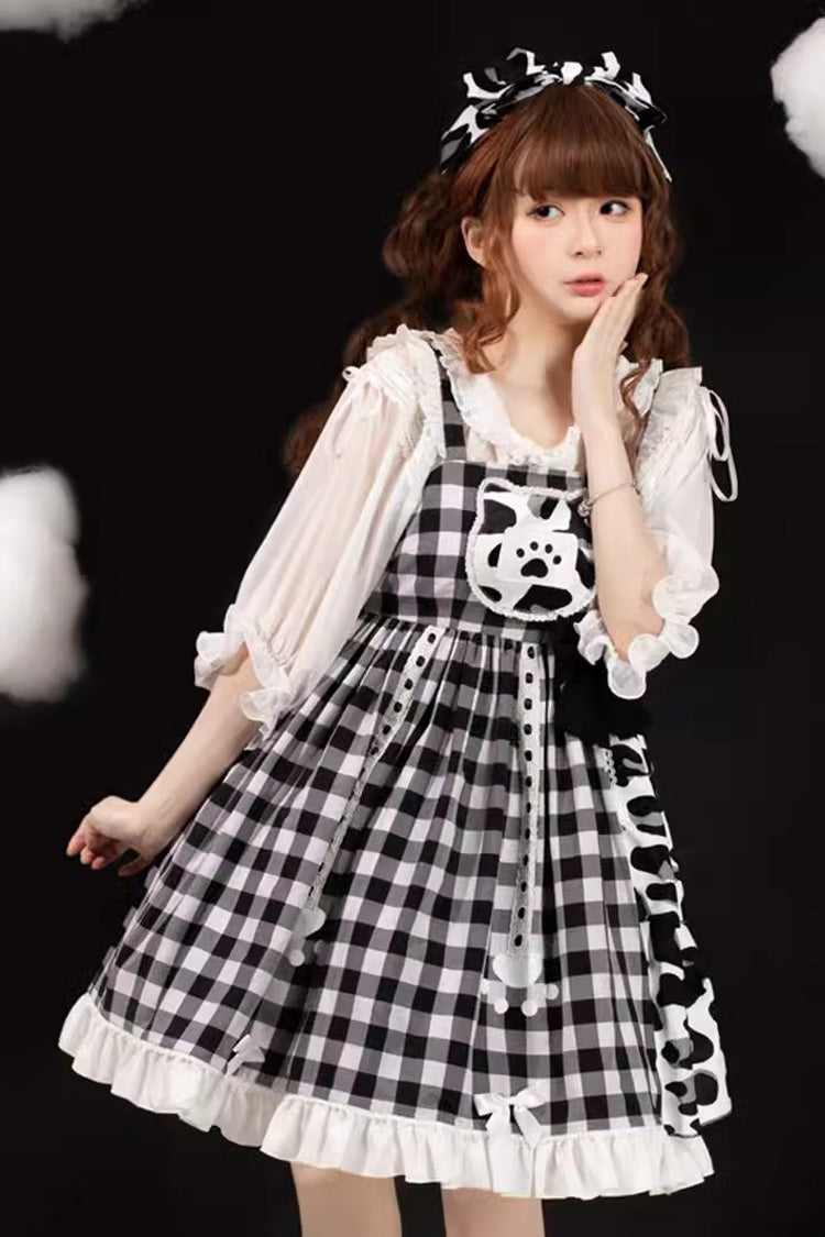 Black/White Plaid Print Cow Ruffle Bowknot Cat Claw Planet Sweet Lolita Jsk Dress - Black/White - 1