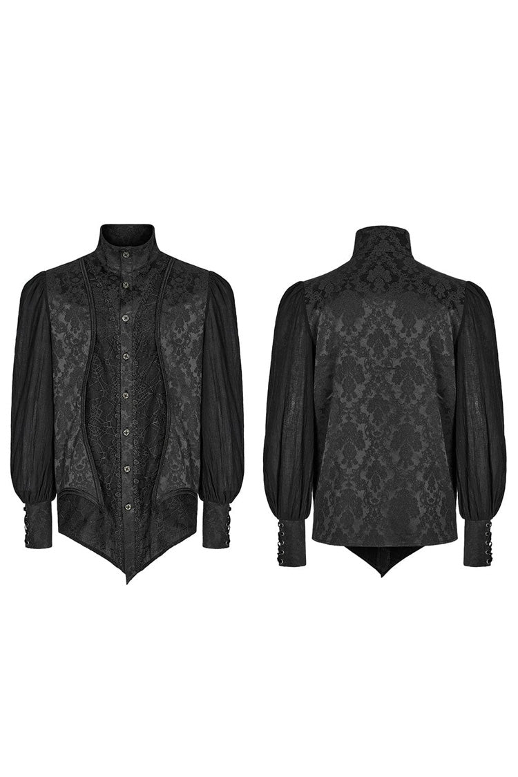 Black Stand Collar Long Puff Sleeves Jacquard Print Lace Mens Gothic Blouse - Product - 5