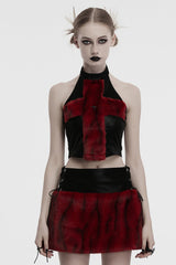 Black/Red Halterneck Sleeveless Cross Faux Fur Stitching Women's Punk Vest - Black/Red - 1
