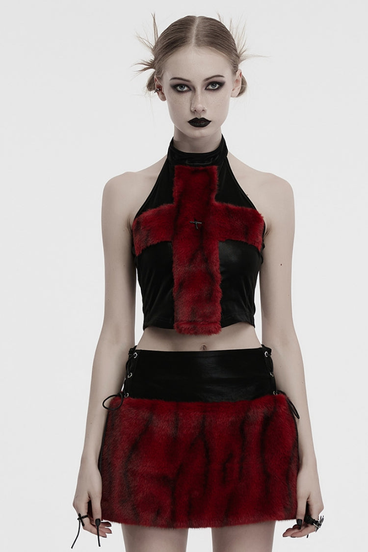 Black/Red Halterneck Sleeveless Cross Faux Fur Stitching Women's Punk Vest - Black/Red - 1