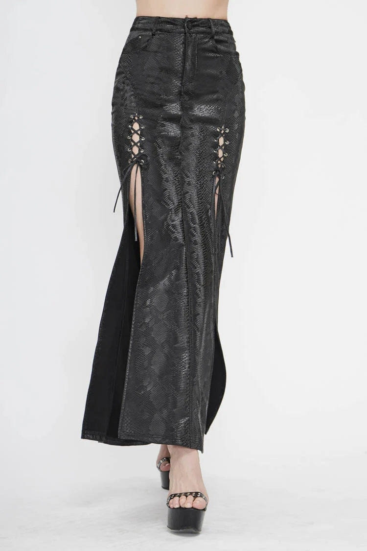 Black Snake Like Leather Side Slit Hem Lace Up Rivet Long Women's Punk Skirt - Black - 1