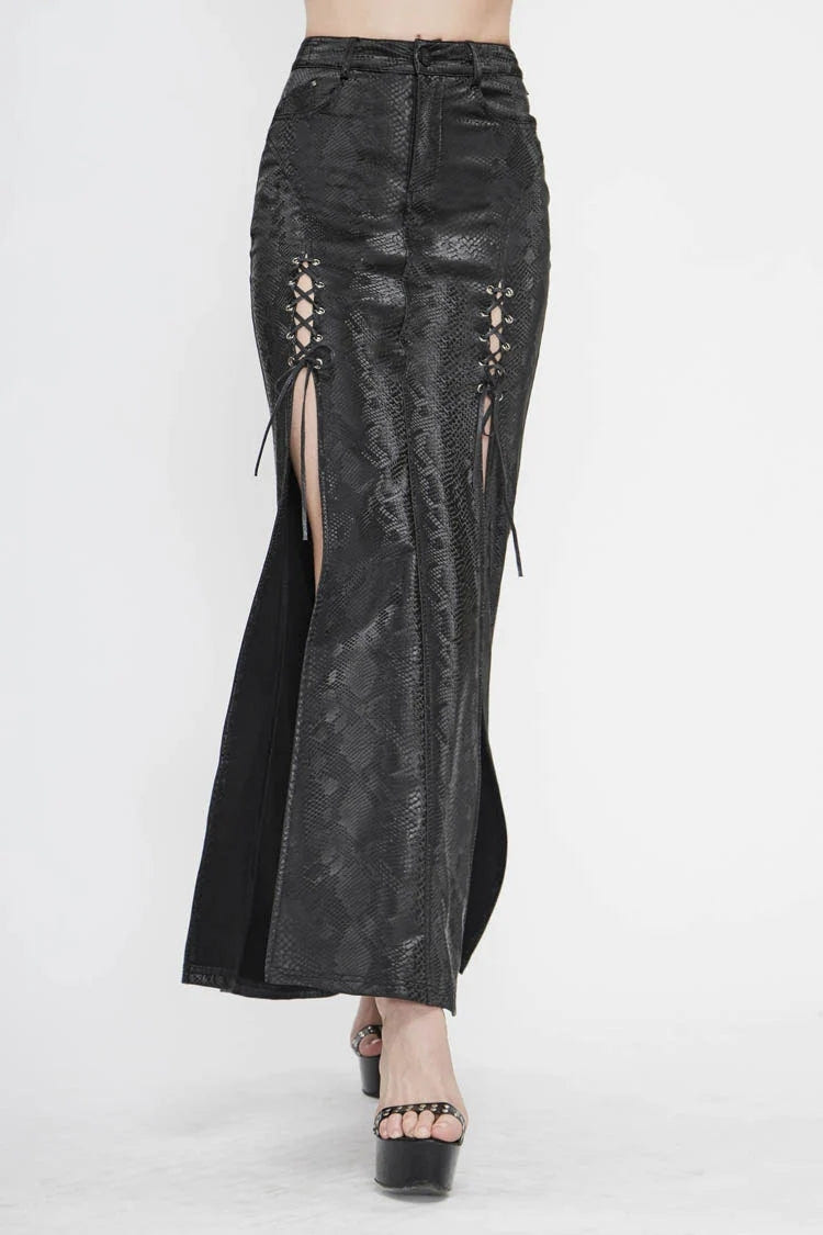 Black Snake Like Leather Side Slit Hem Lace Up Rivet Long Women's Punk Skirt - Black - 1