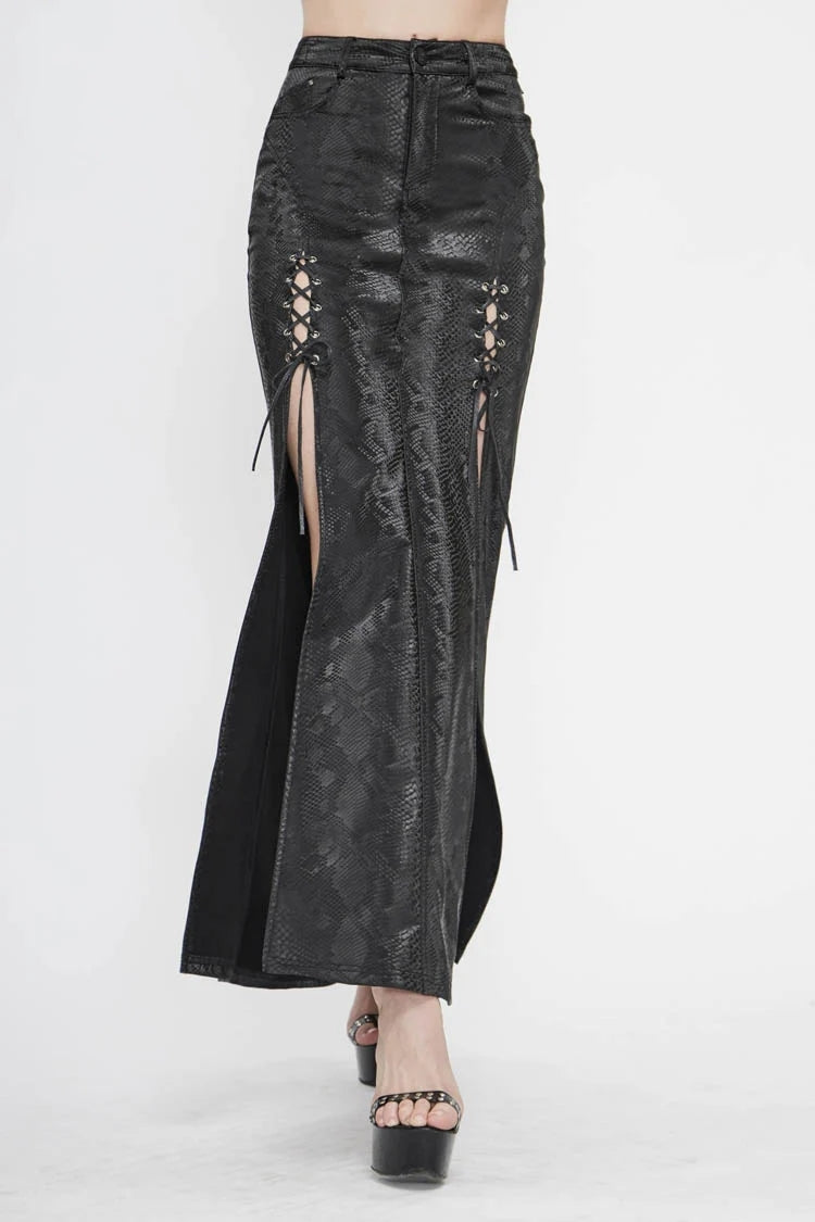 Black Snake Like Leather Side Slit Hem Lace Up Rivet Long Women's Punk Skirt - Black - 1