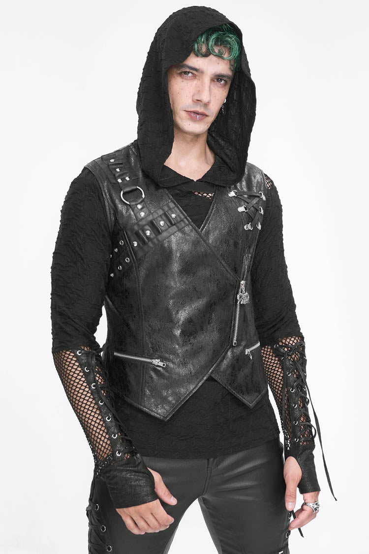 Black Zipper Faux Leather Men's Punk Waistcoat - Product - 2